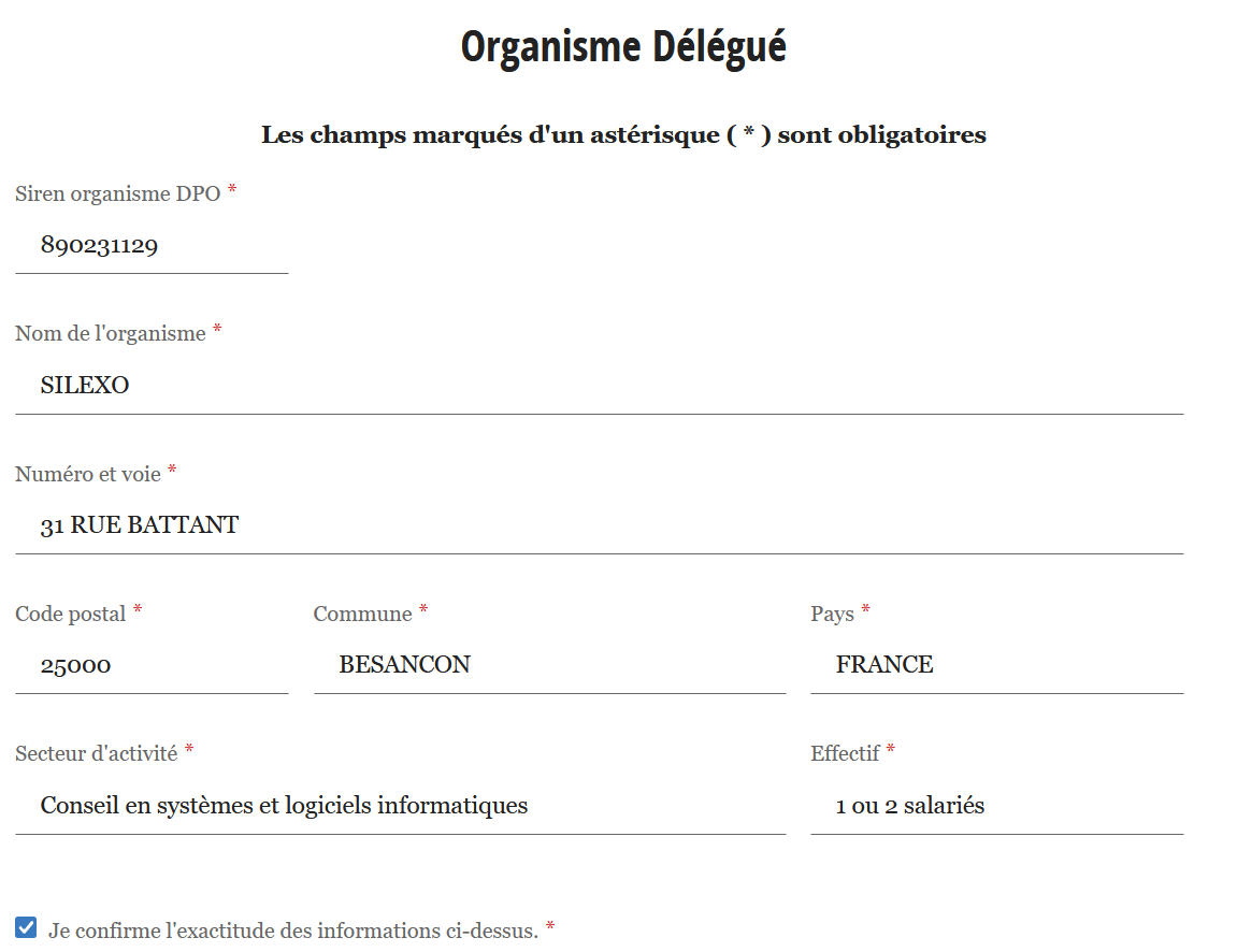 Formulaire CNIL, écran Organisme Délégué pour une désignation de DPO personne morale